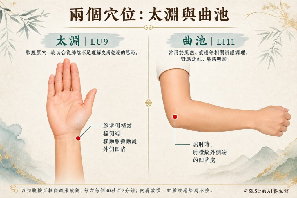 太淵(LU9)與曲池(LI11)的穴位位置