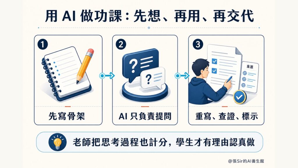 用 AI 做功課三步：先寫骨架、AI 只負責提問、重寫查證標示