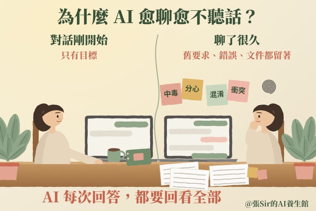 為什麼 AI 愈聊愈不聽話？左邊是對話剛開始，只有目標，右邊是聊了很久，舊要求、錯誤、文件都留著，AI 每次回答都要回看全部。