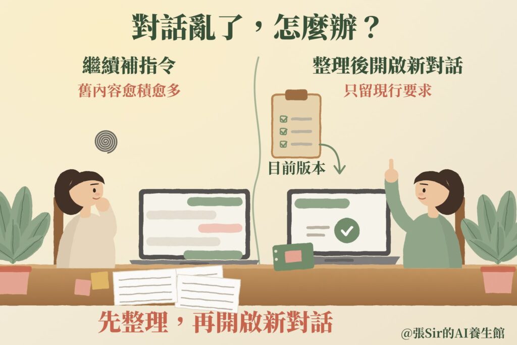 對話亂了，怎麼辦？左邊是繼續補指令，舊內容愈積愈多，右邊是整理目前版本後開啟新對話，只留現行要求。