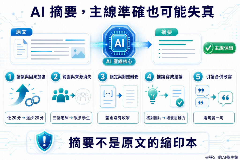 圖 3，AI 摘要主線準確，也可能在五類地方失真
